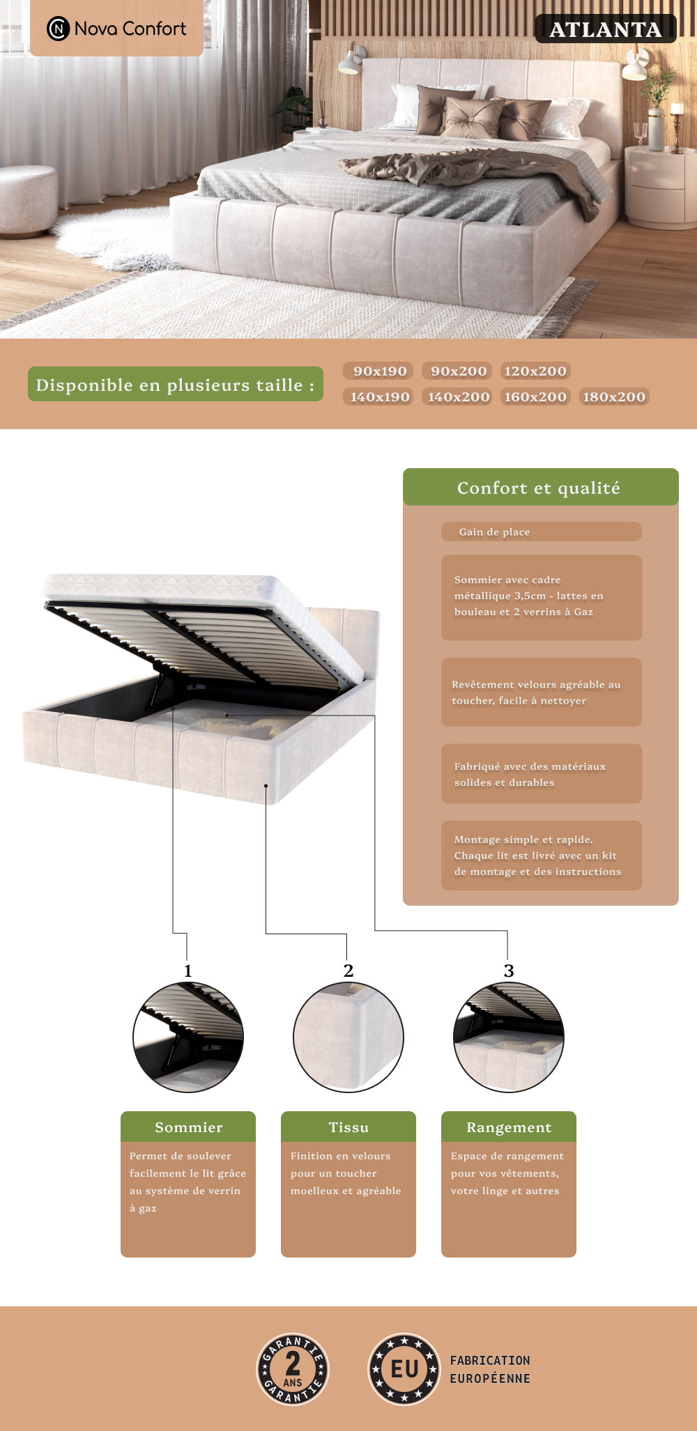 Image de la fiche technique du lit Atlanta avec la description de la qualité et du confort.