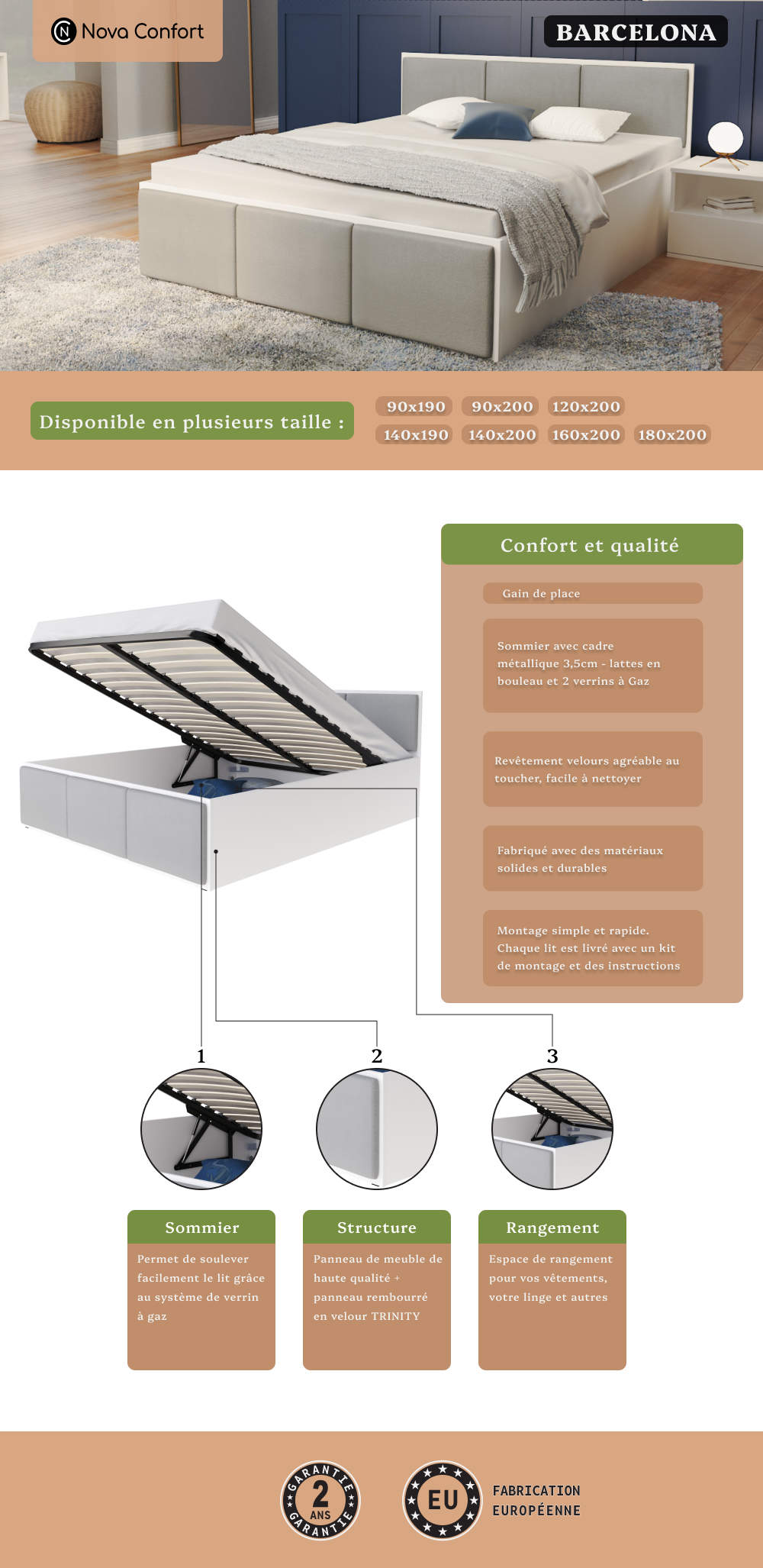 Image de la fiche technique du lit Barcelona avec une description de la qualité et du confort